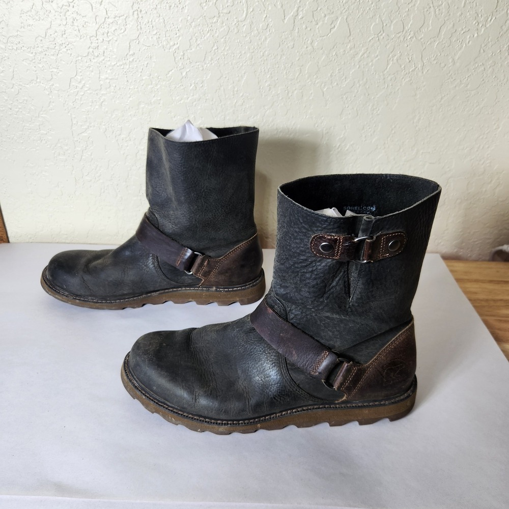 Sorel Slimboot Engineer Black Brown Leather Moto Boots NL1999-010 Womens 10